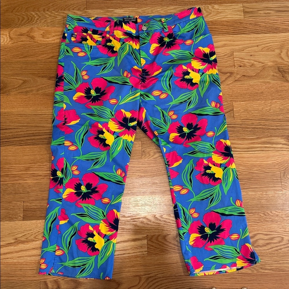 Polo Jeans Co Ralph Lauren Pants Womens 12 Blue Pink Floral Straight Leg Capri